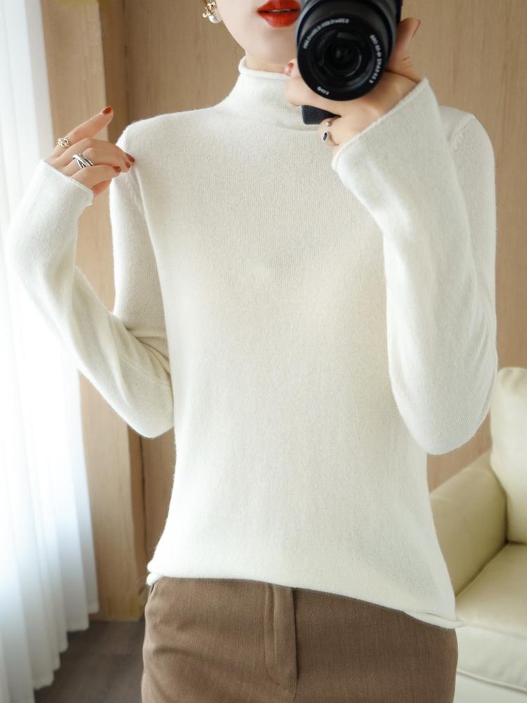 Women's 100% Pure Wool Turtleneck Sweater - Fashionable Autumn/Winter Knitted Cashmere Base Layer Top