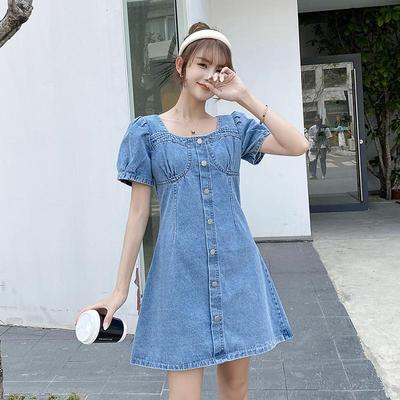 Women's Summer Bubble Sleeve Denim Dress - Age-Defying, Waist-Cinching, Slimming, Large Size.