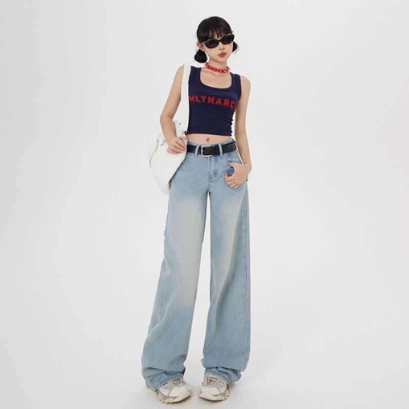 American Retro Low-Waist Wide-Leg Jeans - Women s Floor-Length Straight-Leg Pants Small