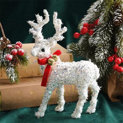 Cartoon Christmas Reindeer Ornaments With Scarf With Bell Deer Statue Decorations Glittering Reindeer Sculpture House