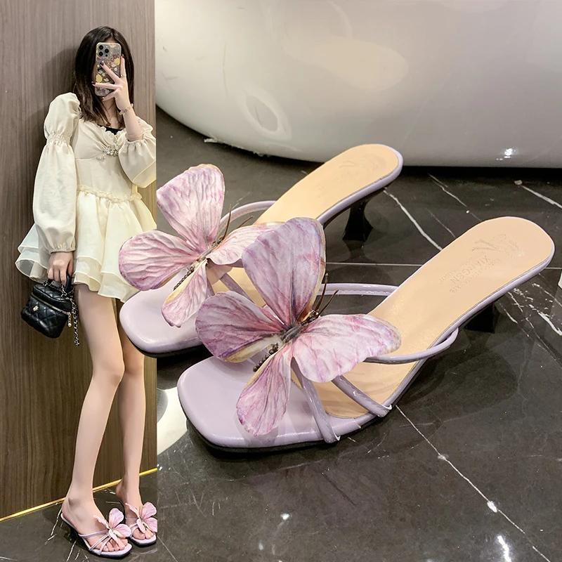 Fashion Butterfly Flower Sandals Slippers for Women 2025 New Summer French Fine Heel Sexy Open Toed High Heels Shoes