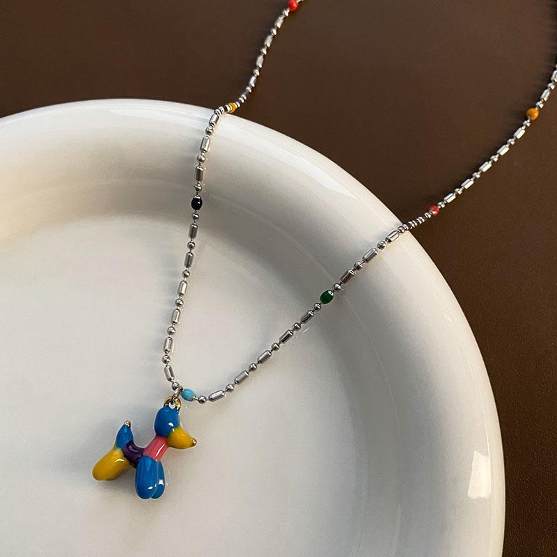 Korean Style Balloon Dog Pendant Choker Necklace - Cute Three-Dimensional Enamel Design in Titanium Steel