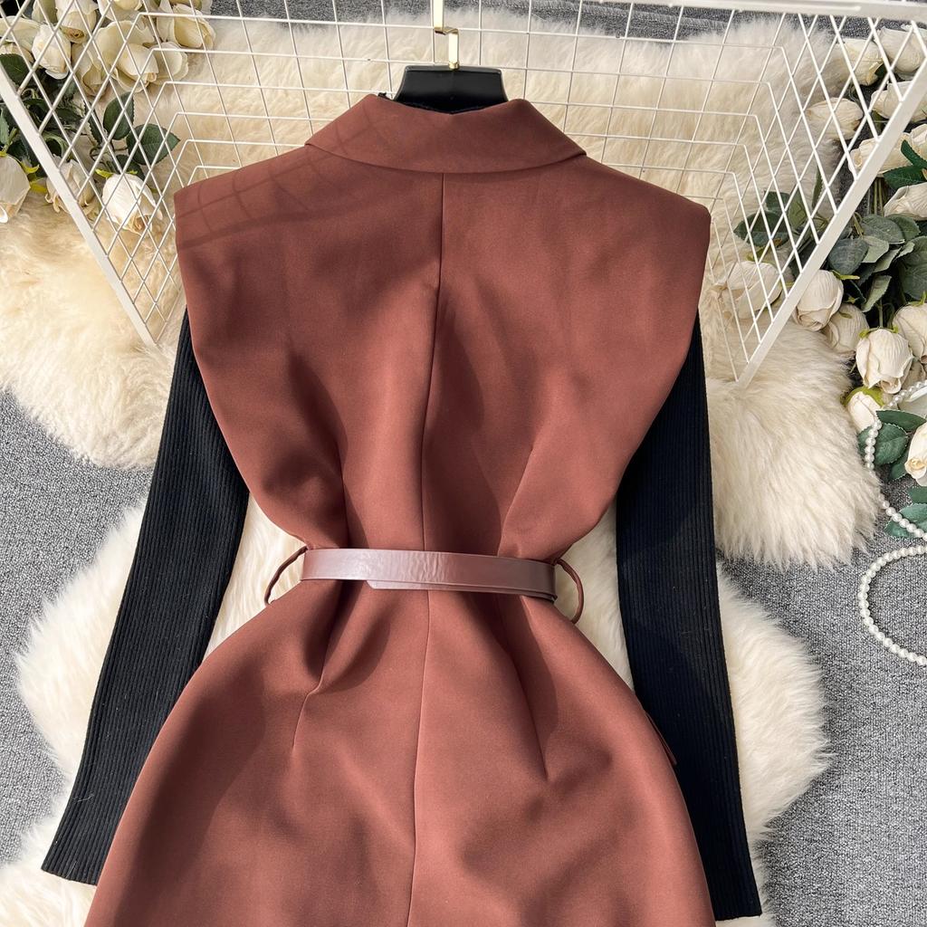 New 2024 Autumn Winter Black Knitted Sweater Tops Suits For Women Notched Collar Sleeveless Tank Double-Breasted Belt Dress Sets