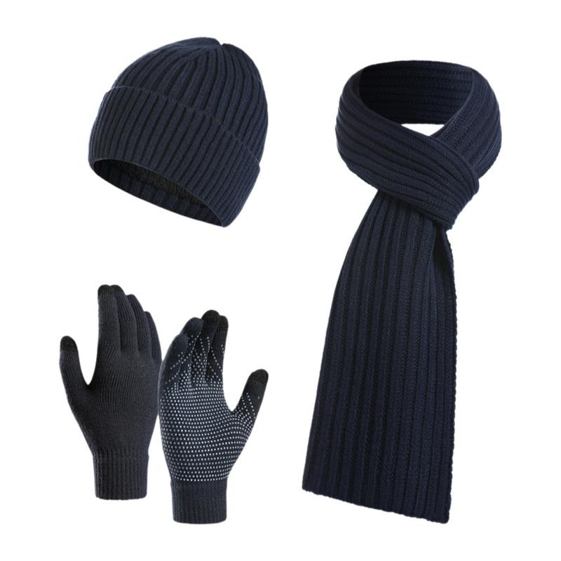 Unisex Custom Logo 3pcs Knitted Plain Polyester/Cotton Beanie Hat Scarf Gloves Set Long Warm Winter Clothing for Men Women