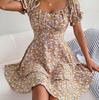 Elegant Floral Summer Dress for Women Square Collar Short Sleeve Lace Up Spring Outfit Sizes S To XL