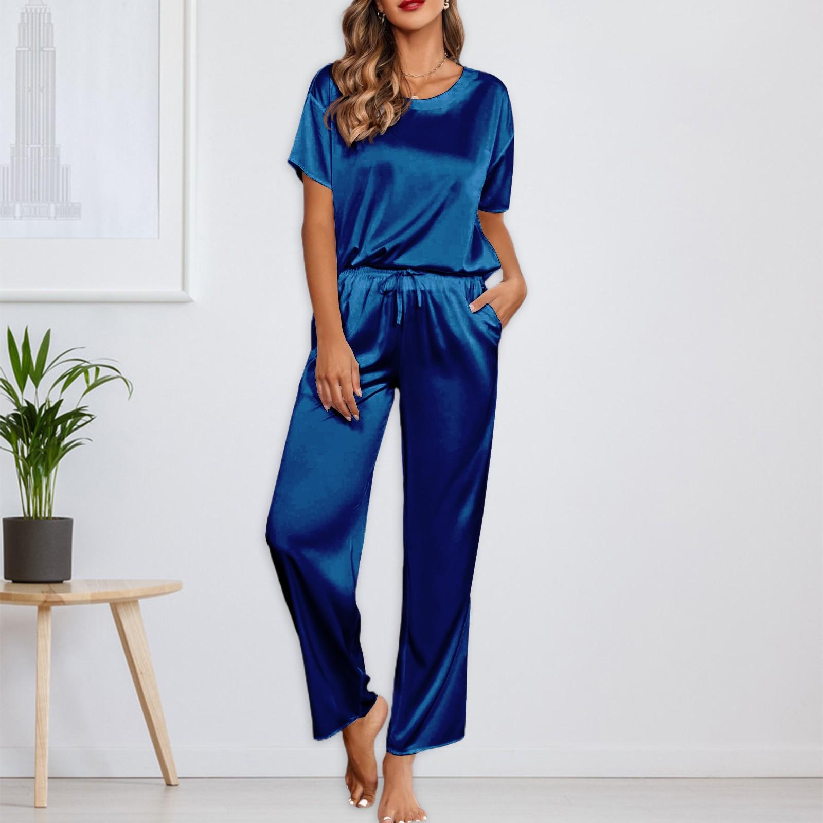

Женский шелковый однотонный пижамный комплект, рубашка с коротким рукавом и длинные пижамные штаны, мягкая пижама, домашняя одежда L