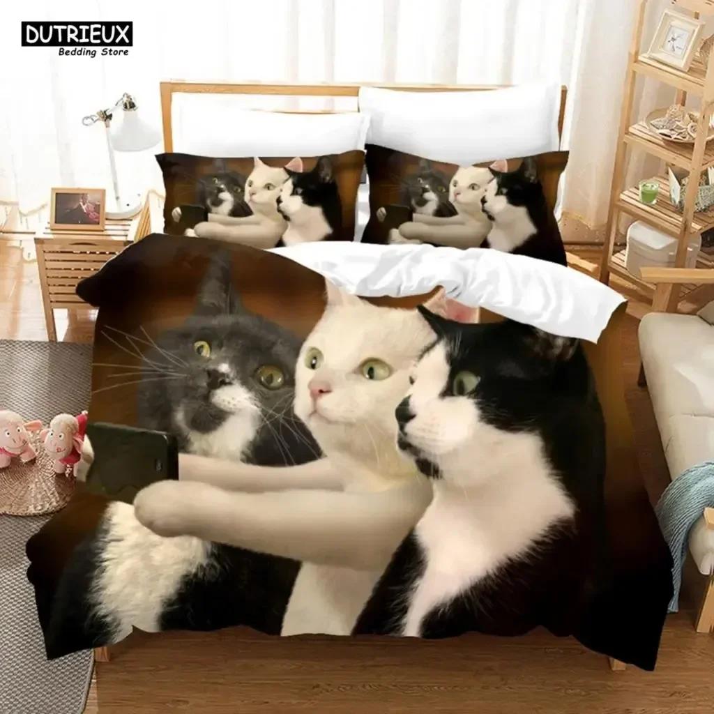 Comforter Cute Baby Cat White Black Kitten Bedding Set 3D Printed Suitable For Bedroom Kids Home Textile