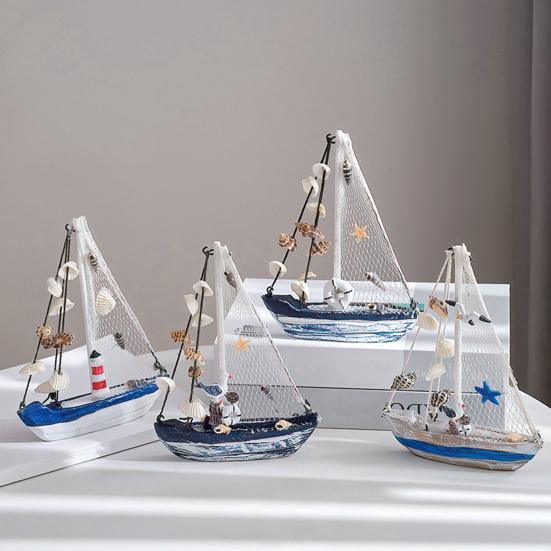 Pobřežní dřevěný model plachetnice Rustikální námořní figurka lodi se skořápkou a hvězdicí Plážové oceánské téma Stolní ozdoba do obývacího pokoje ložnice