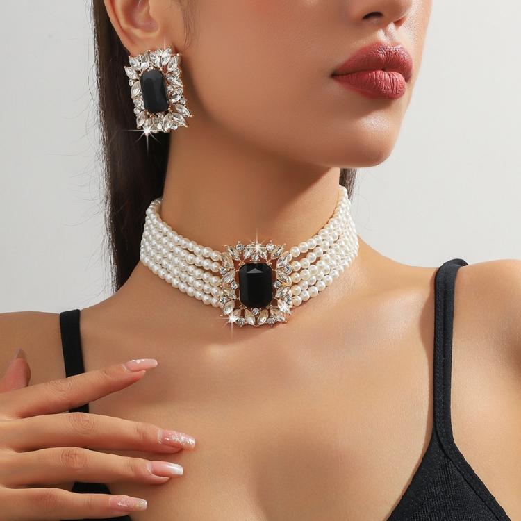 Chic Geometric Design Colorful Crystal Accented Layering Pearls Necklace And Earrings Jewelry Set for Gatherings