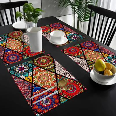 2/4pcs Bohemian Mandala Placemats 12x18 Inch Rectangular Polyester Table Mats with Mexican Traditional Geometric Patterns, Machine Washable for Indoor