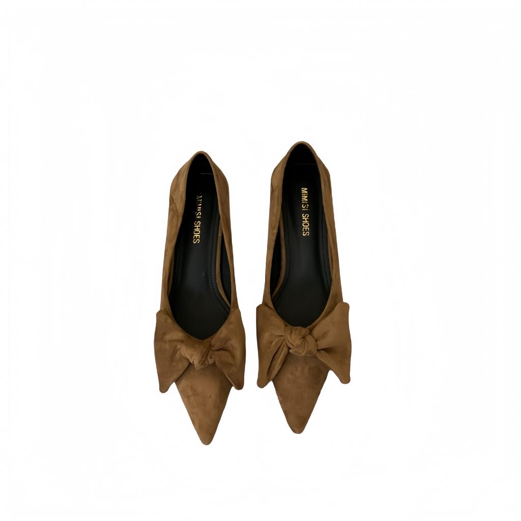 2025 Autumn New Pointed Suede Bow Retro High Heels Women's Fashion Versatile Stiletto Commuter Shoes