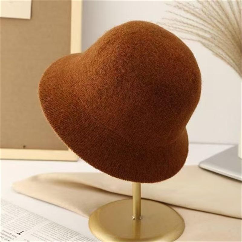 Wool blended bucket hat women's autumn and winter thermal basin hat knitted big face small face hat straight bucket hat women