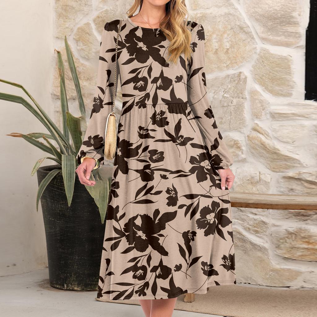 Women's Fashionable Loose Retro Printed Round-neck Dress