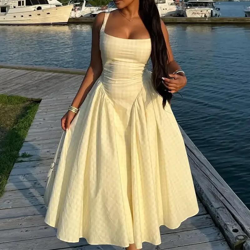 Vestido de Primavera 2026 Europeo y Americano para Mujer, Fresco, Dulce, Estampado, Cuadrado, Patchwork, Ajustado