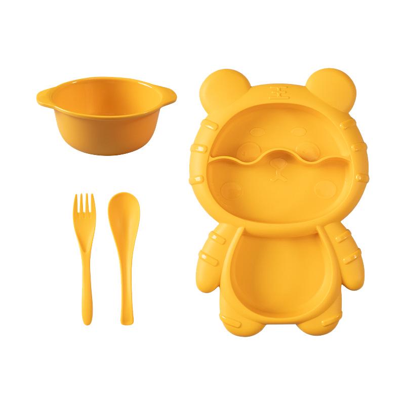 Cute Cartoon Kids' Divided Plate & Feeding Set: 4-Piece Infant Bowl, Spoon & Fork