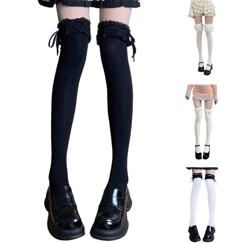 2pcs Ballet Knee High Socks with Bows Lace Top Ruffle Calf Socks Calf Tube Socks