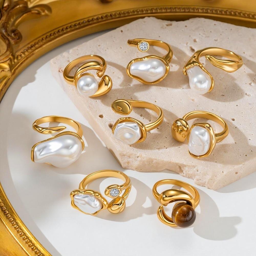 Simulated Pearls Zirconia Ring Geometry Design Alloy Platinum Finger Ring Retro Style Gold Plated Retro Jewelry Rings Daily Wear