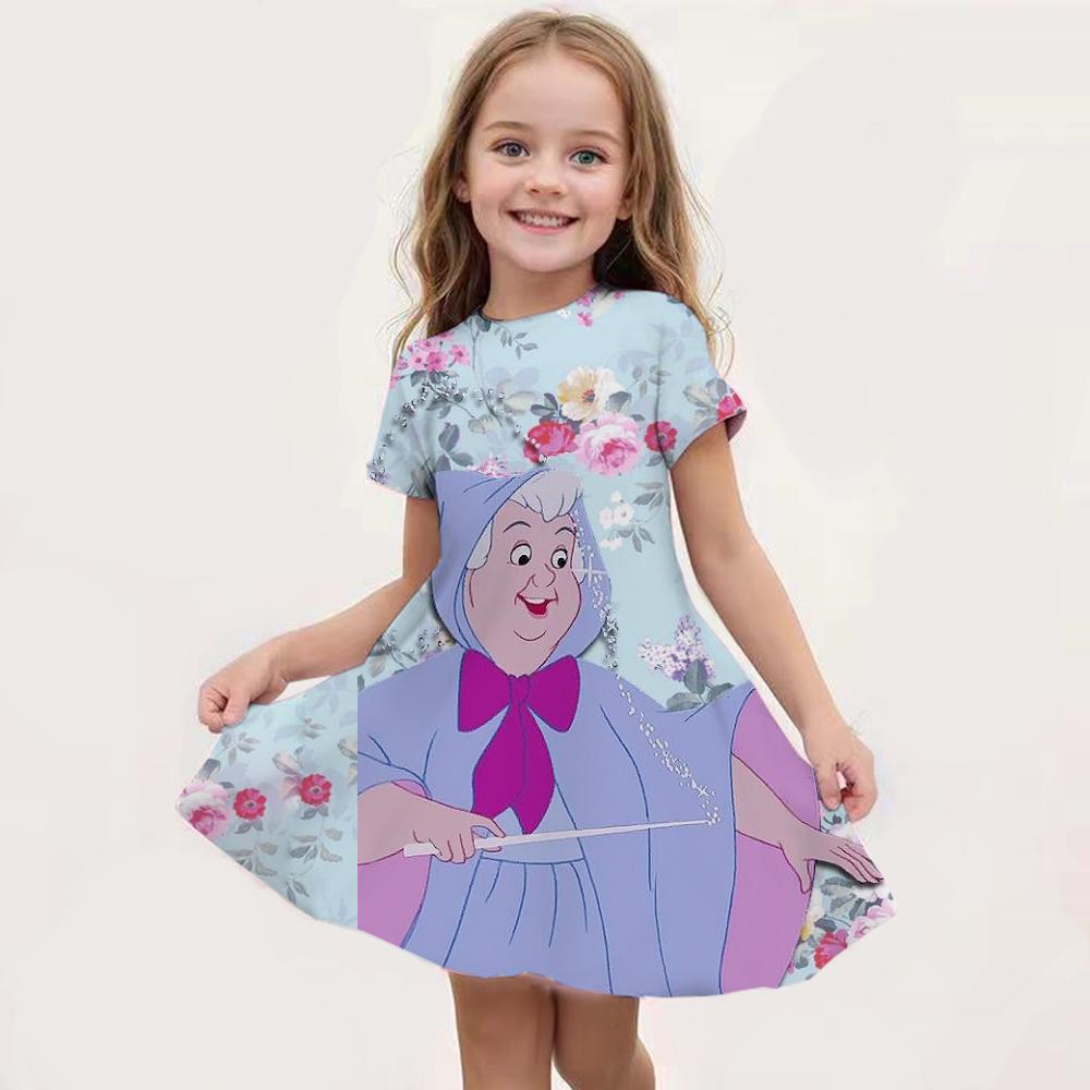 2026 Disney New Summer Girl Princess Elsa Dress Fashion Cartoon Cute 3d Print Dress Kid Short Sleeve Princess Frozen Clothing