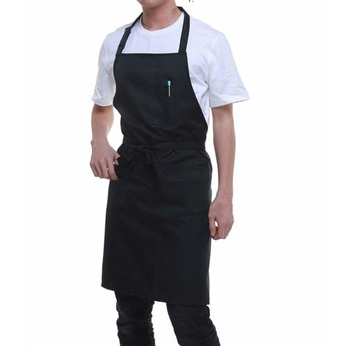 W00MOON Kagetsu Men's Adjustable Neck Apron, Plus Size, Front Tie, Cafe Style, Opaque, For Business or Work (Black Front Tie Neck Apron)