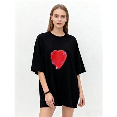 T-shirt Oversize Noir Imprimé Coeur Rouge Décontracté Streetwear Haut Mode Femme Tenue d'Été