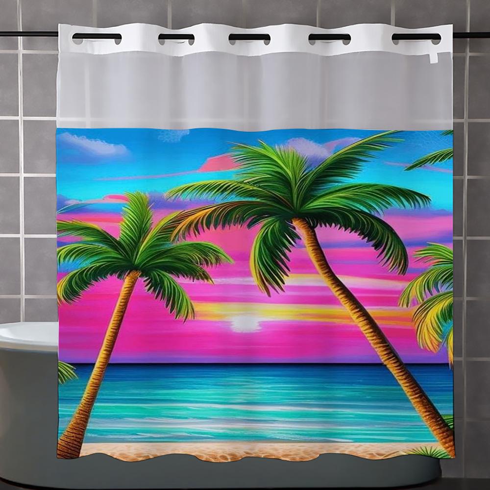 No Hook Beach Coconut Tree Shower Curtain With Snap-In Fabric Liner, Sheer Top Window, Waterproof Double Layer Bathtub Curtain