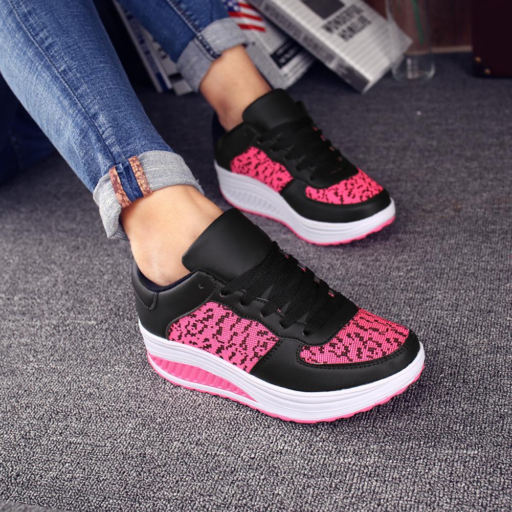 Fashion PU Leather Women's Platform Shoes Non-slip Rocker Shoes Walking Running Sports Shoes Wedge Heels