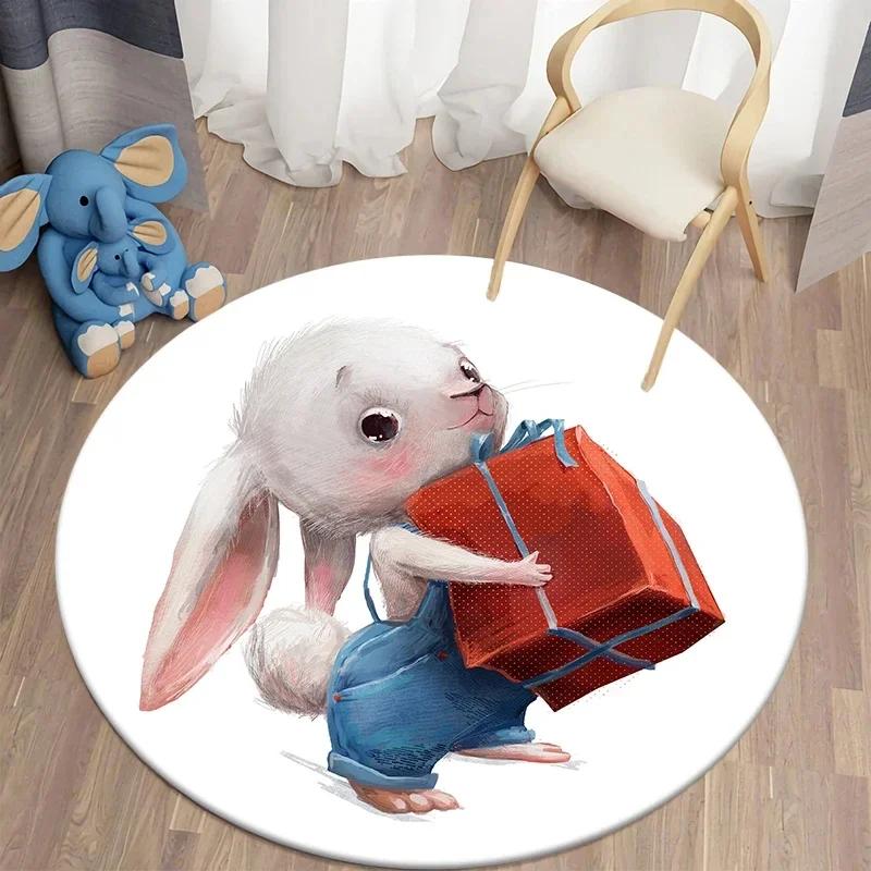 Cartoon Bunny Print Round Carpet Rabbit Area Rugs Circle Carpets for Living Room Floor Mat Polyester Anti-Slip Mats for Children