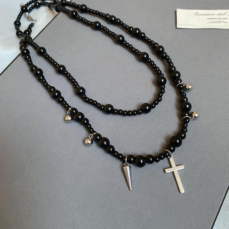 

Y2k glass beaded cross pendant necklace - dark aesthetic, unique design, choker style