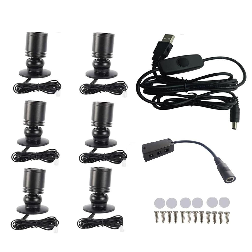6-in-1 USB LED Puck Lights Kit, Dimmable & Adjustable Angle, 5V Black Cabinet Lights for Display Case, Figure Model Shelf, Collectible Showcase