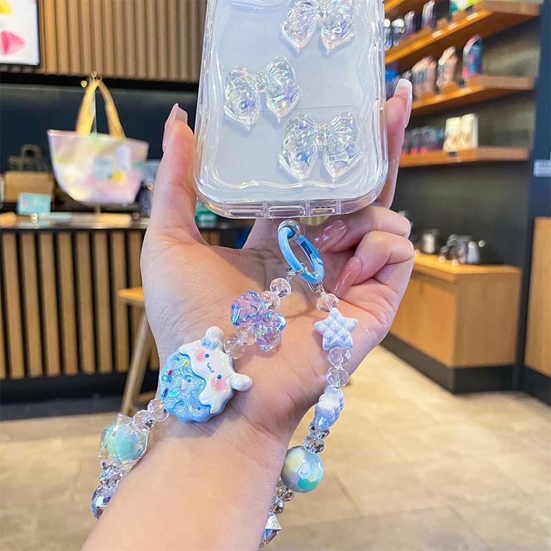 Kawaii Sanrio Hello Kitty Phone Chain W/Card Kuromi Cinnamoroll My Melody Beads Keychain Bowknot Anti-Lost Wrist Strap Bag Decor