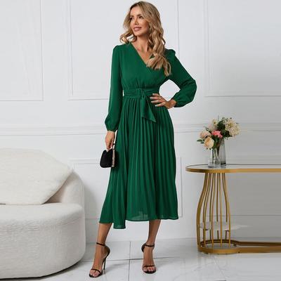 2022 European & American Slim Fit V-Neck A-Line Dress with Belt & Pleated Long Sleeves for Women