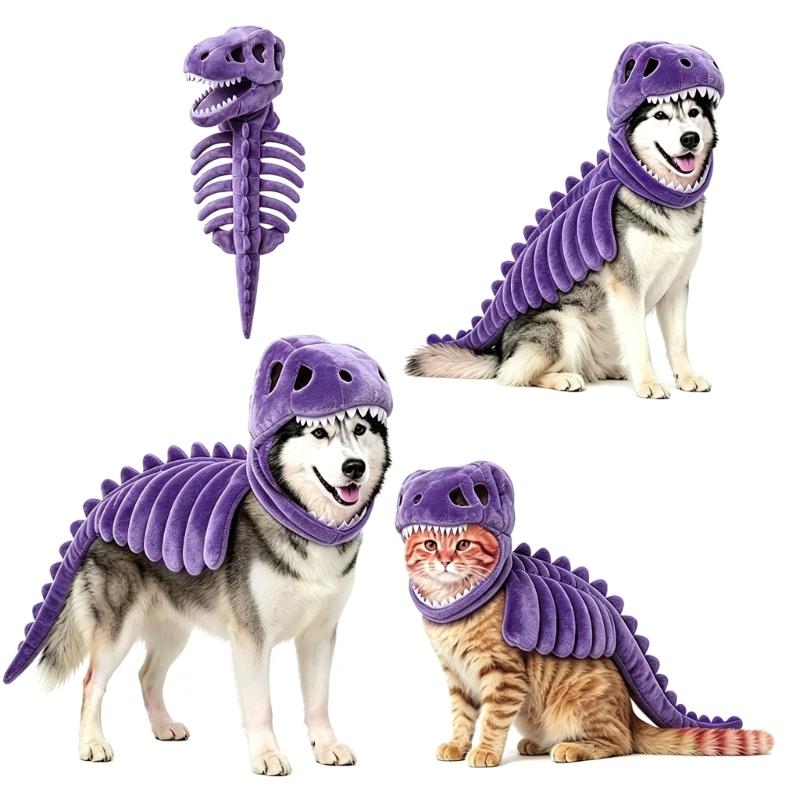 Halloween Dinosaurierskelett Kostüm für Haustiere, Skelettschädel und Rippen Design Outfit mit gepolsterter Wirbelsäule und Schwanz für Hunde und Katzen Cosplay