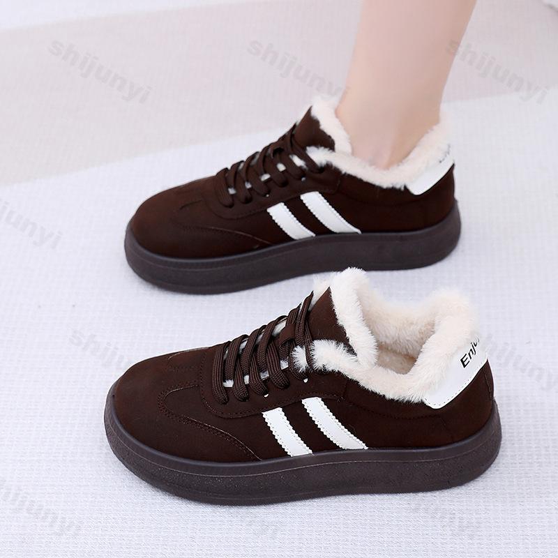 Dam Casualskor 2025 Vinter Nya Vintage Plysch Förtjocka Mjuka Sula Sneakers Halkfria Bekväma Mode Snörskor Bomullsskor