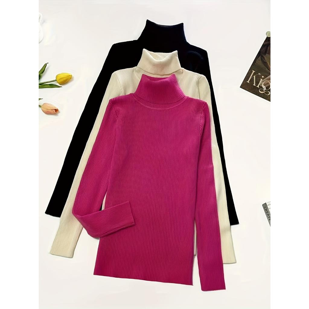 Golf 3 szt. Dzianinowy sweter pulower, Casualowy sweter z długim rękawem w jednolitym kolorze na jesień i zimę, Odzież damska