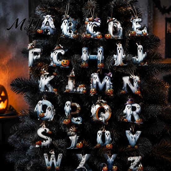 Holiday Scenery for Cafes Hotels Halloween Letter Ornament, Spooky Hanging Wooden Alphabet Letters Pendant with Ghost Creative Photo Prop Wall