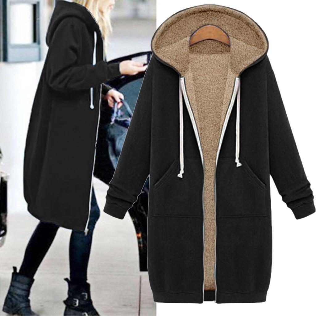 Women Zipper Open Hooded Fleece Sweatshirt Long Coat Jacket Tops Outwear