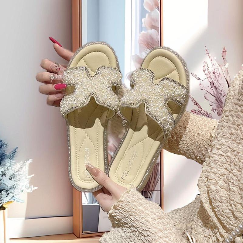 Fashion 2025Fashion Pearl Sexy Women Slippers Banquet Party Peep-toe Flip Flops Silvery Shiny Non Slip Beach Shoes Women Shoes Sapatilas