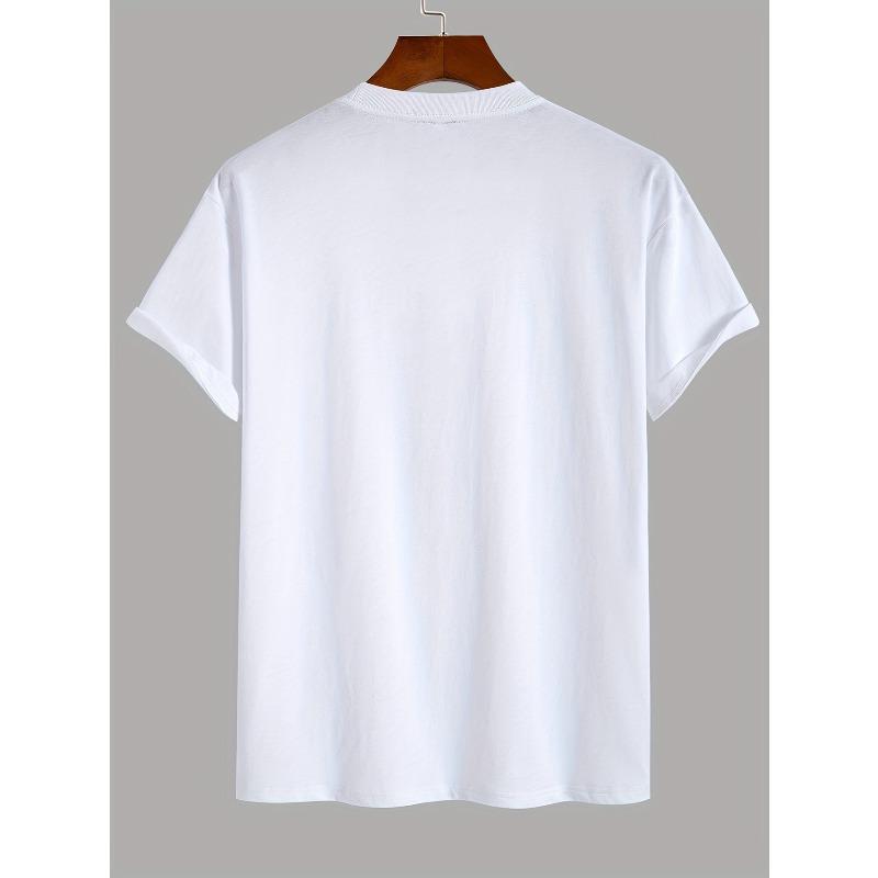 Men's Solid Color Short Sleeve T-Shirt, Ethnic Style Pocketed Tee with Random Print on Pockets, Round Neck Short Sleeve Shirt