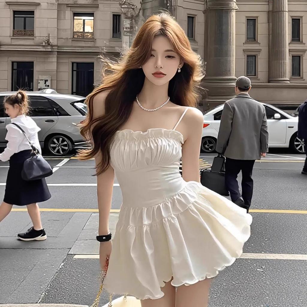 Double-layer white square neck suspender pleated fungus lace dress women's summer pure desire light luxury sexy skirt