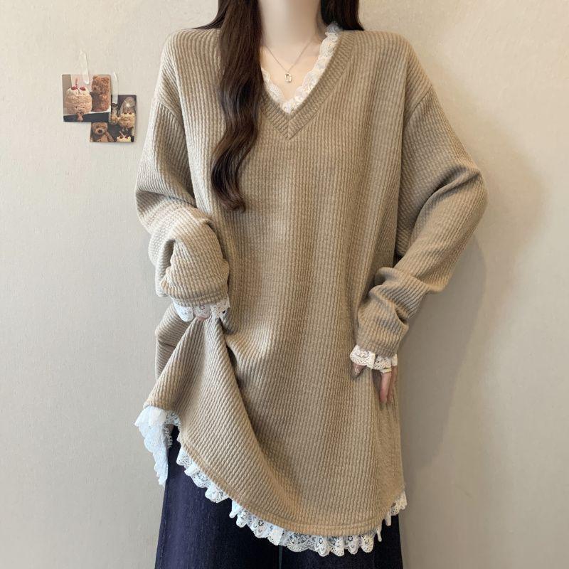 Plus Size Korean Patchwork V-Neck Long Sleeve Sweater - Women's Autumn/Winter Loose Fit Fashion Top