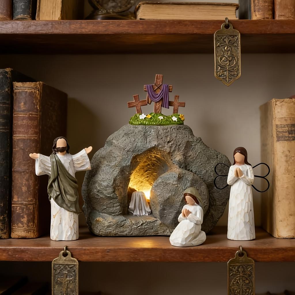 Lighted Easter Resurrection Scene Set Resin Empty Tomb Easter Scene Figurine Christian Easter Gift for Religious Home Decor Gift