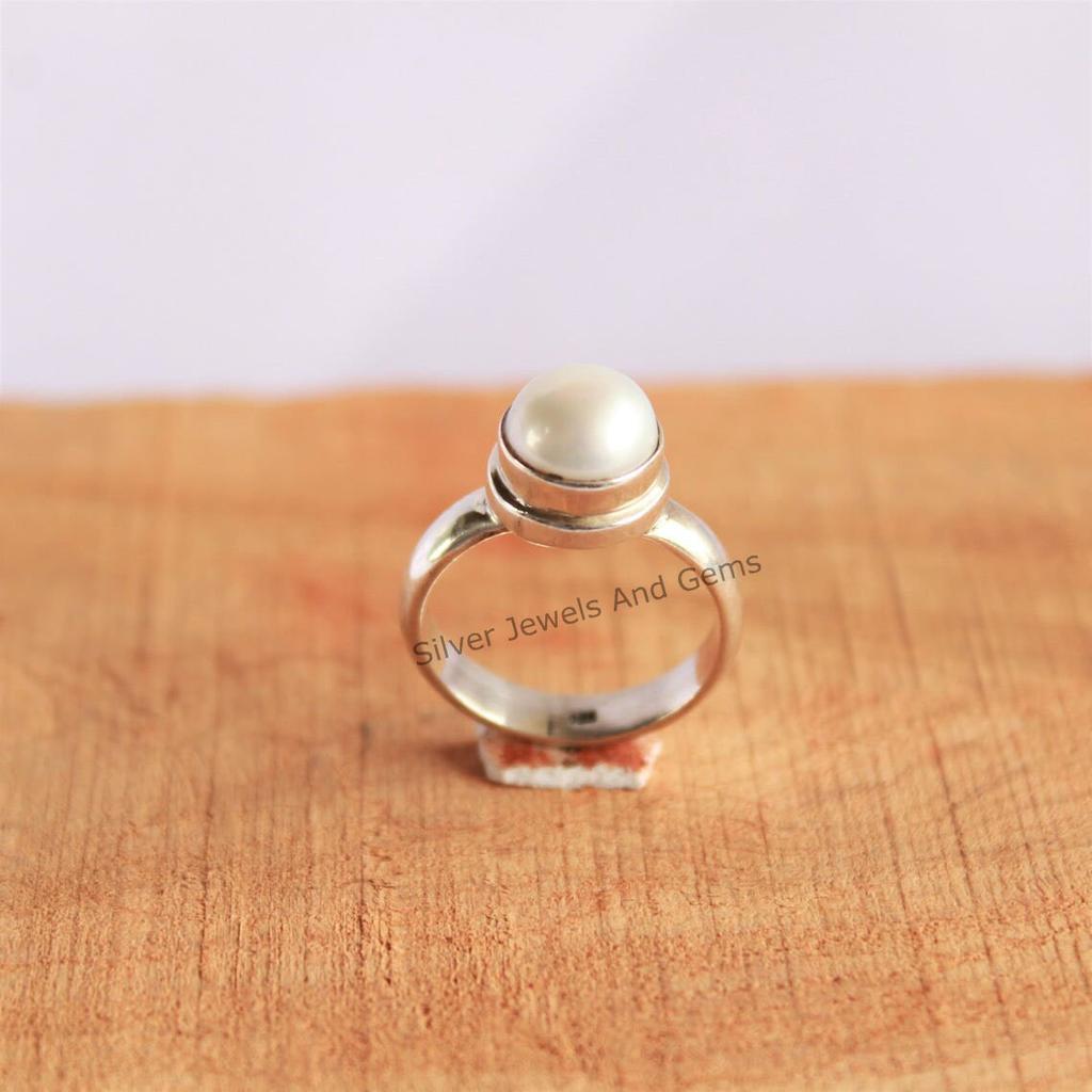 Natural Pearl Ring-Handmade Silver Ring-925 Sterling Silver Ring-Round Fresh Water Pearl Ring-Gift for her-Promise Ring-June Birthstone