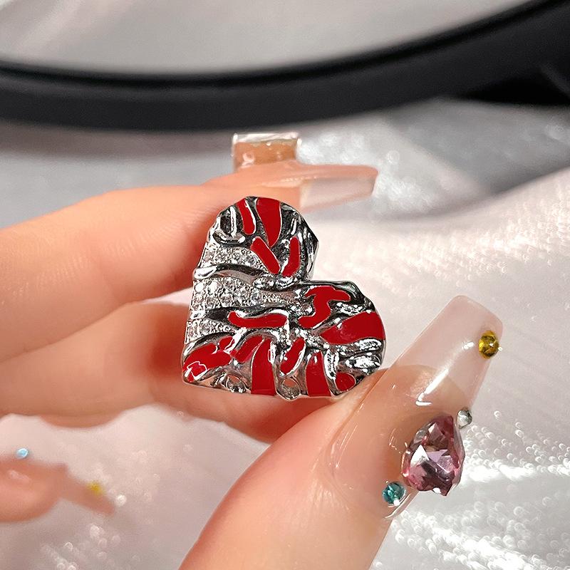 Personalized Red Enamel Dripping Oil Big Love Cross Open Ring Fashion High Sense Index Finger Ring Jewelry