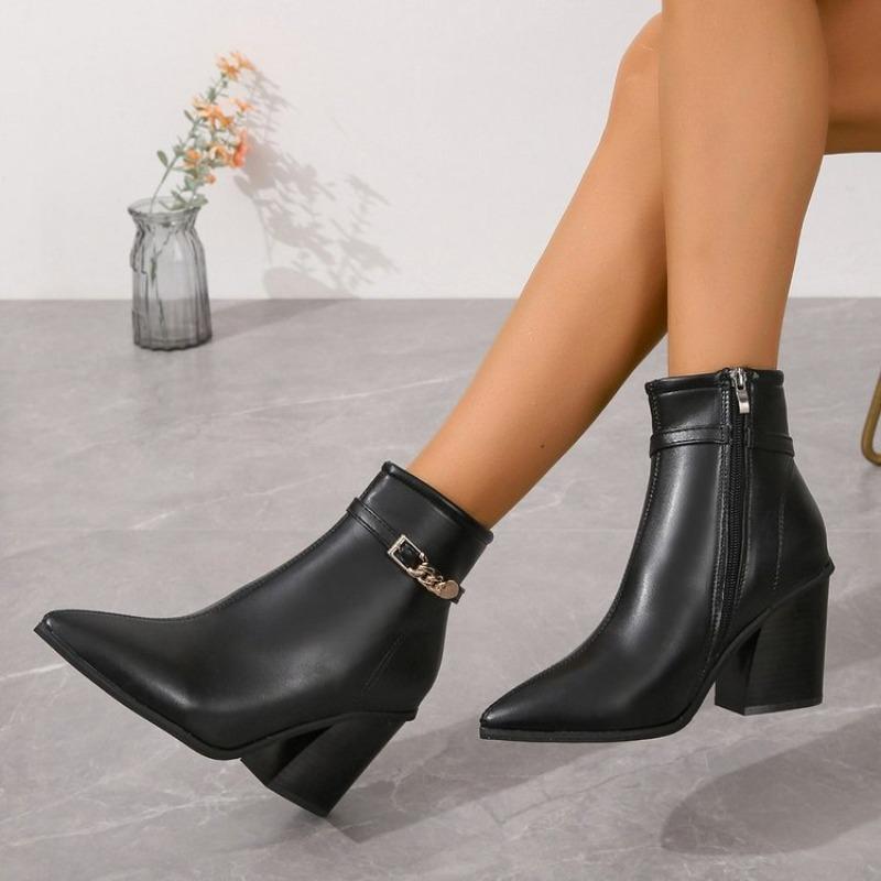 Autumn Early Winter Shoes Women Ankle Boots Pointed Toe Modern Ladies High Heels Boots Black Shoes Square Heel 8cm D215