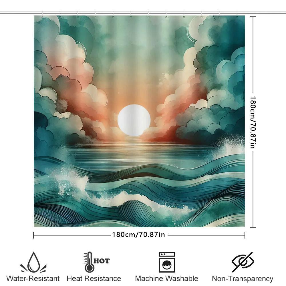 Sunset Waves Shower Curtain Watercolor Sunburst Pattern For Bathroom Decor Modern Artistic Print Fabric Shower Curtain Waterproo