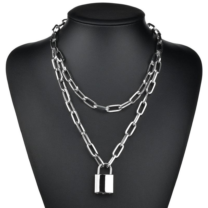 Cute Simple Chain Link Lock Necklace Pendant Women Silver Color Fashion Goth Jewelry Party Punk Maxi Collier Long Necklace Gift
