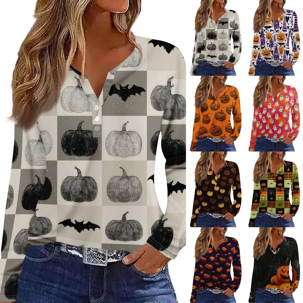 Women's Casual Long Sleeve T-Shirt with Halloween Print V-Neck Button for Parties