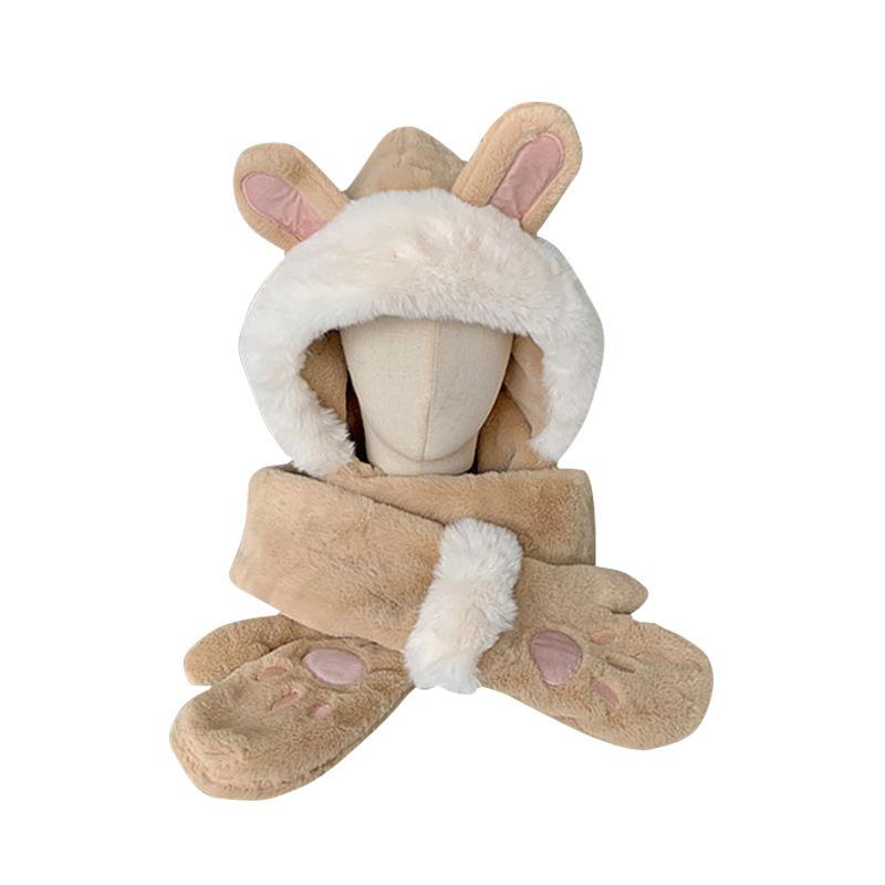 Women's Fleece-Lined Winter Hat & Scarf Three-Piece Set with Gloves and Hooded Rabbit Ears