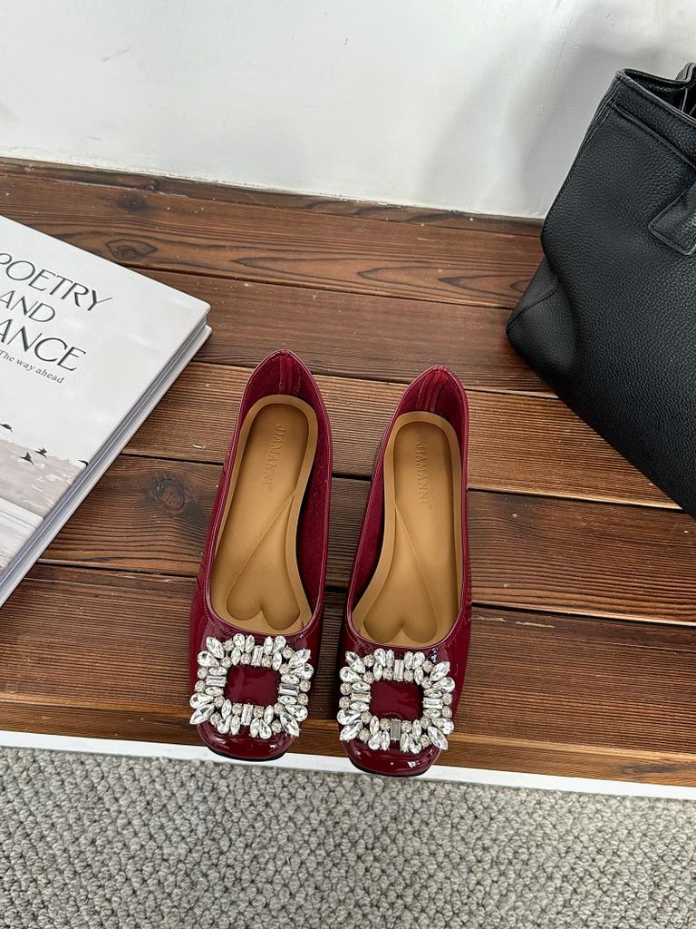 Korean version patent leather square head rhinestone thick heel shallow mouth single shoes women's 2025 new spring and autumn versatile one-pedal