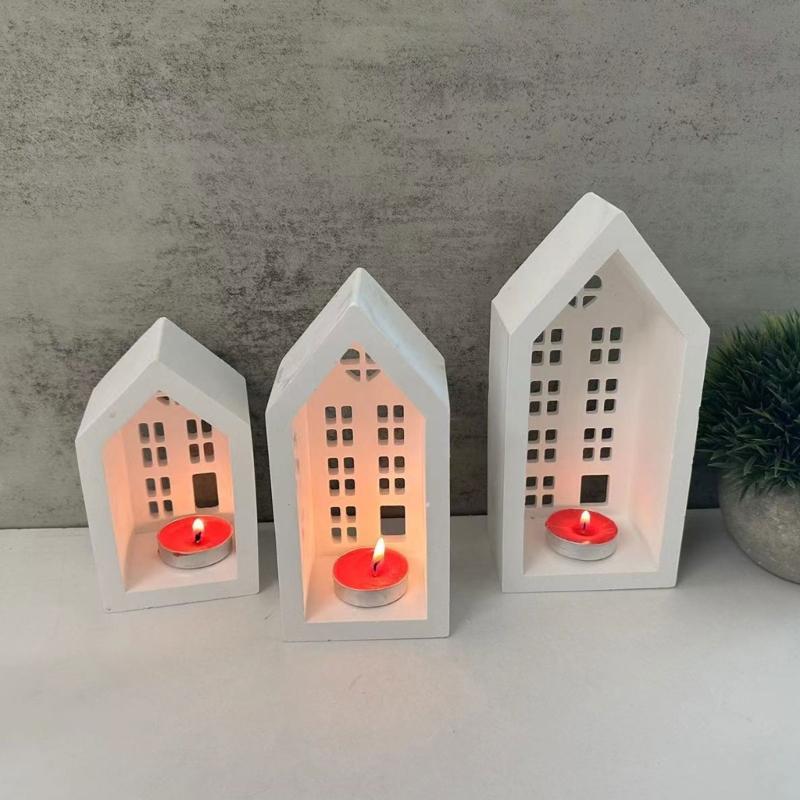 3D Casa Castiçal Silicone Molde DIYs Cimento Gesso Argila Castiçal Resina Ornamentos Moldes Decorações Para Casa
